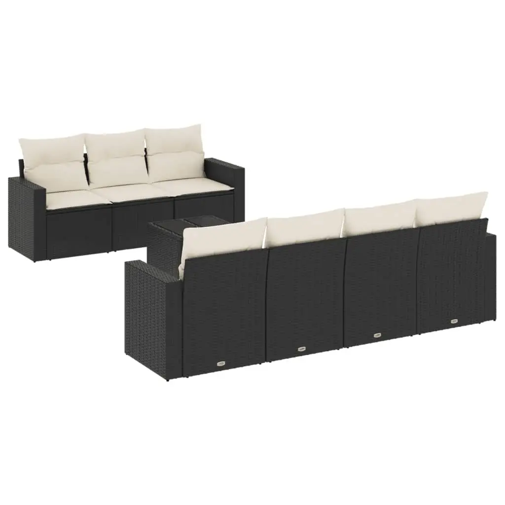 Outdoor Garden Sofa Set 8 Piece Black PE Rattan with Thick Cushions and Tempered Glass Top