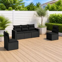 5 Piece Garden Sofa Set Outdoor Patio Furniture with Cushions Black Poly Rattan