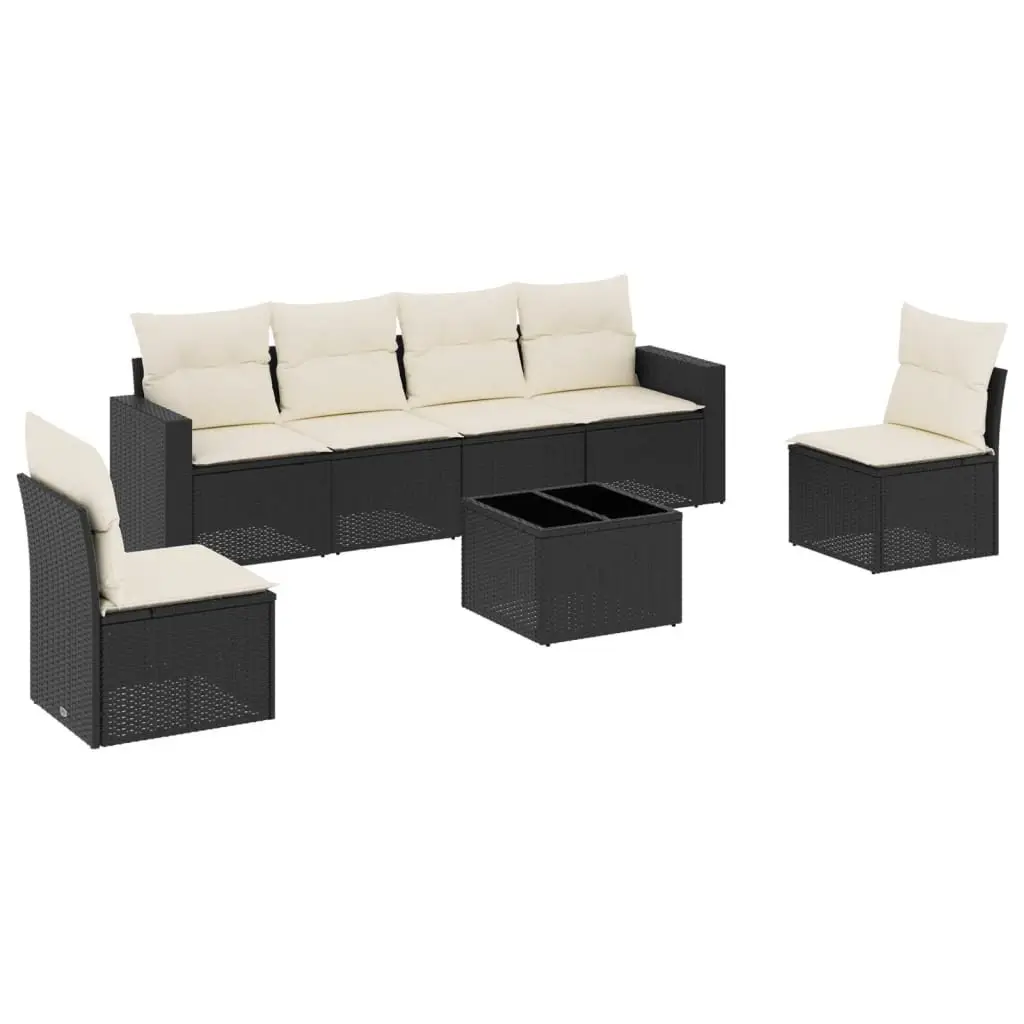 7 Piece Garden Sofa Set Black Poly Rattan Outdoor Patio Furniture with Cushions and Table