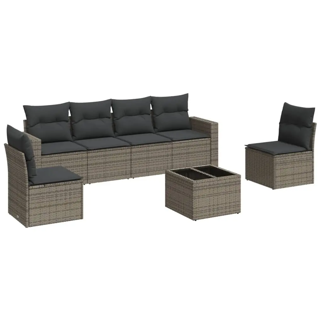 Garden Sofa Set Grey Poly Rattan 7 Piece Outdoor Furniture with Thick Cushions and Tempered Glass Tabletop