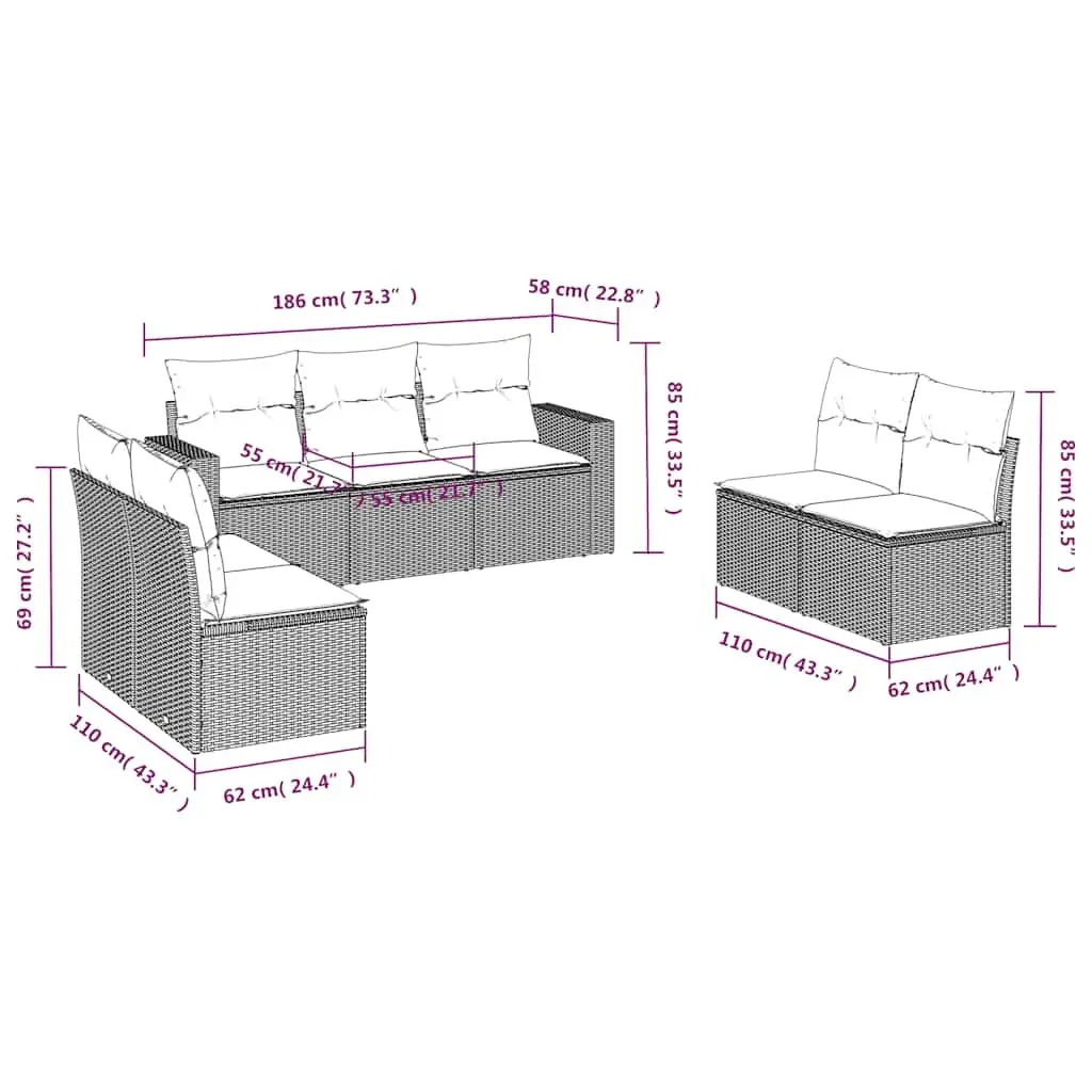 Garden Sofa Set 7 Piece Outdoor Furniture Patio Sectional Black Poly Rattan