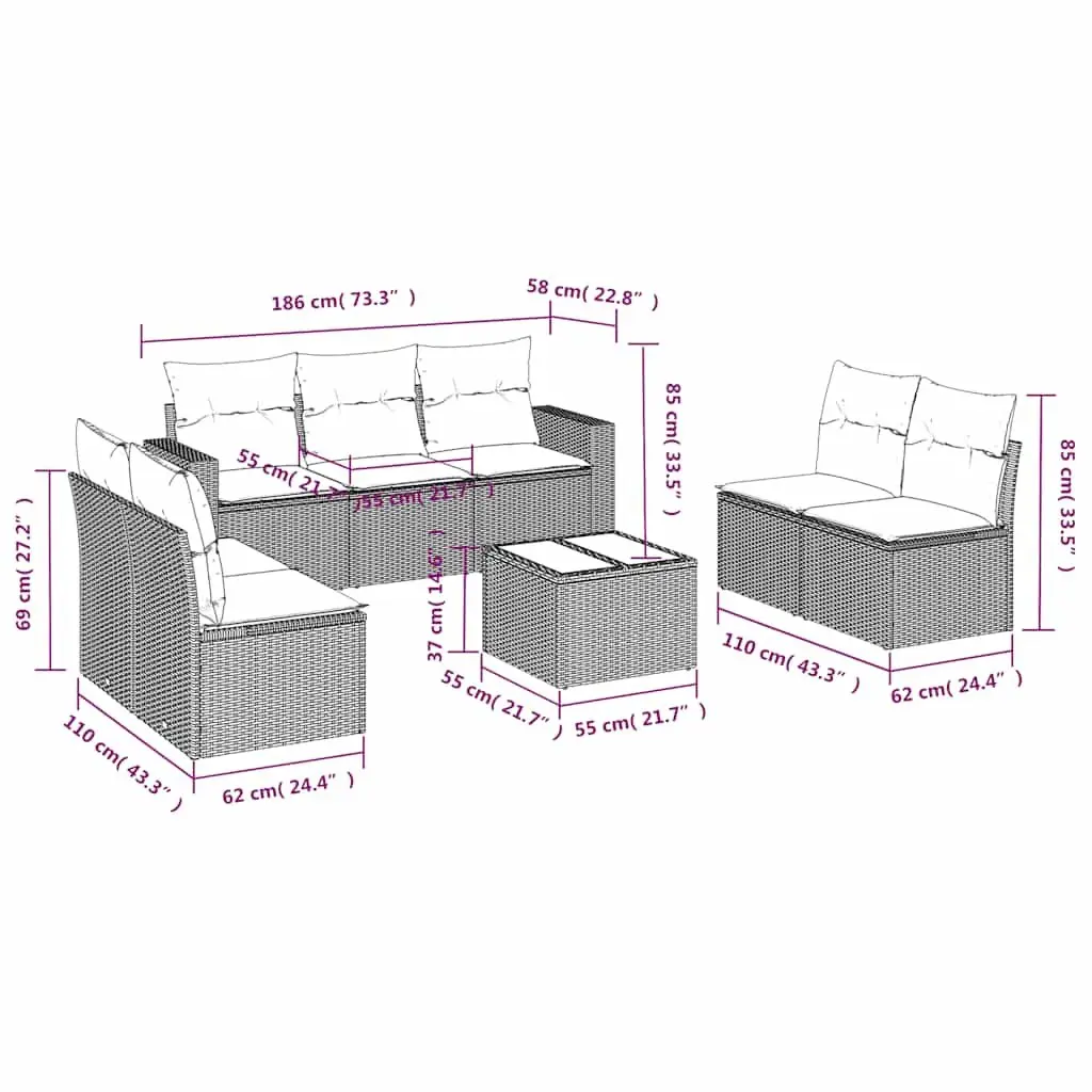 Garden Sofa Set 8 Piece Outdoor Furniture Black Rattan with Cushions Patio