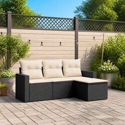 Outdoor Garden Sofa Set 4 Piece Black Poly Rattan with Cushions Patio Furniture