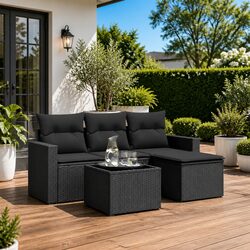 Outdoor Garden Sofa Set 5 Piece Black Poly Rattan Furniture with Cushions
