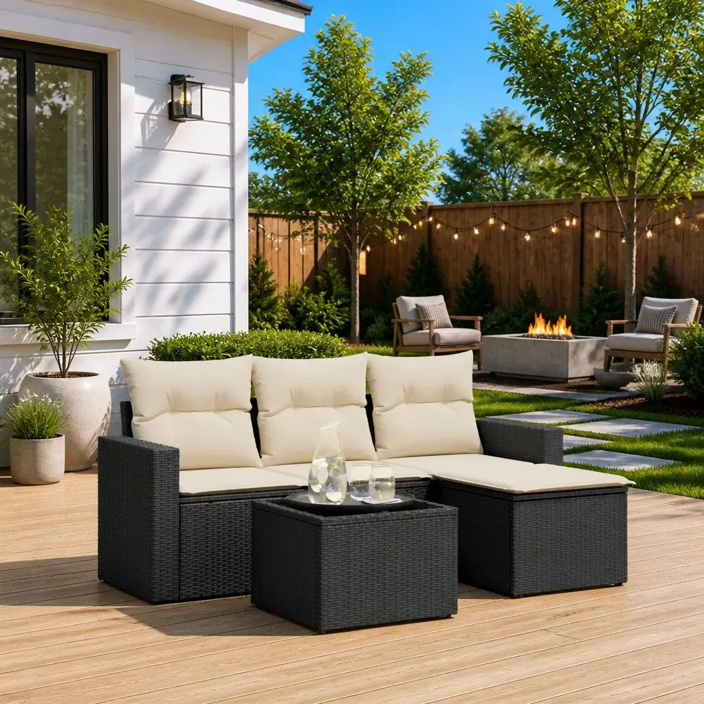 Garden Sofa Set 5 Piece Outdoor Furniture Black Poly Rattan Patio with Cushions