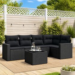 6 Piece Outdoor Garden Sofa Set Black Poly Rattan Furniture Patio with Cushions