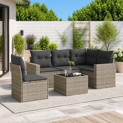 Garden Sofa Set 6 Piece Outdoor Furniture Grey Poly Rattan Cushions Patio Lounge