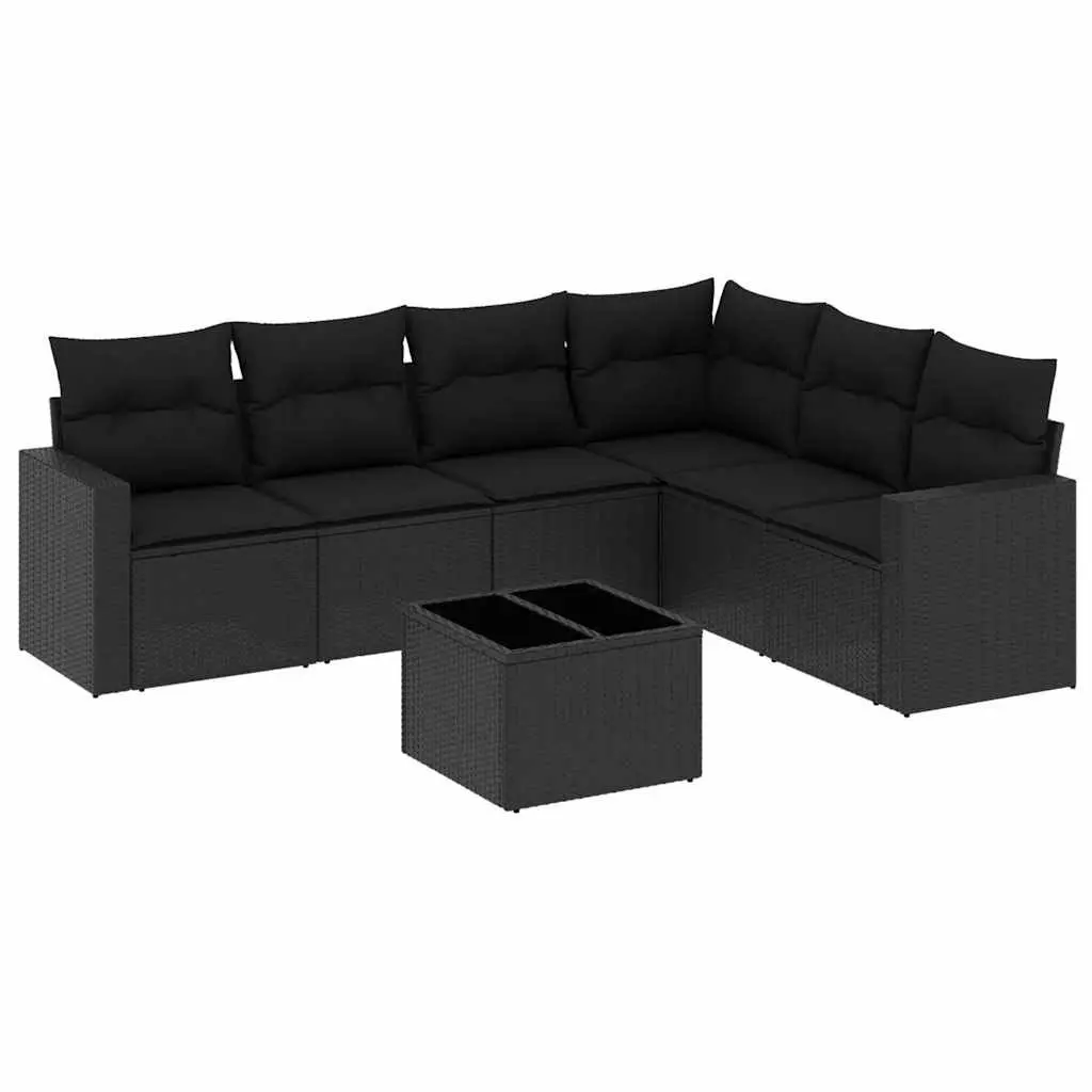 7 Piece Outdoor Garden Sofa Set with Cushions Black Poly Rattan Patio Furniture