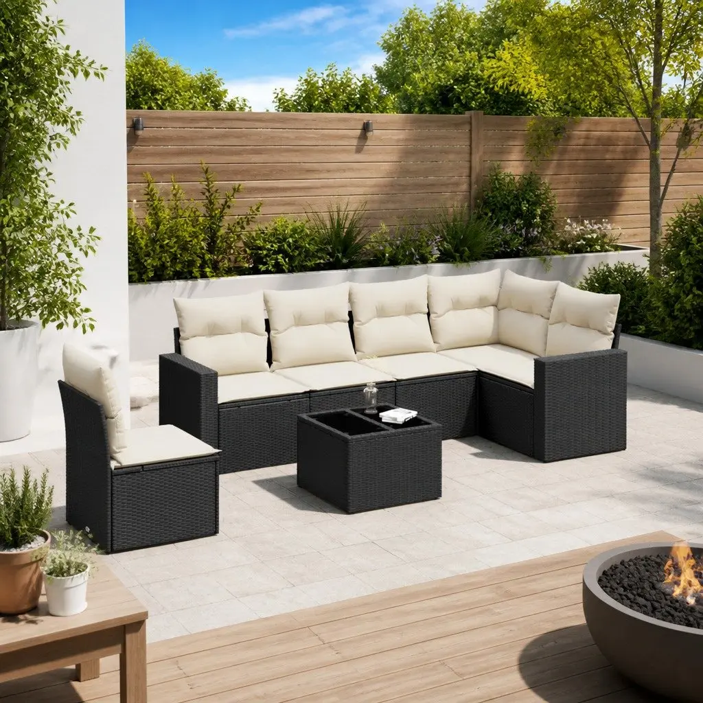 7 Piece Outdoor Garden Sofa Set Black Poly Rattan with Cushions
