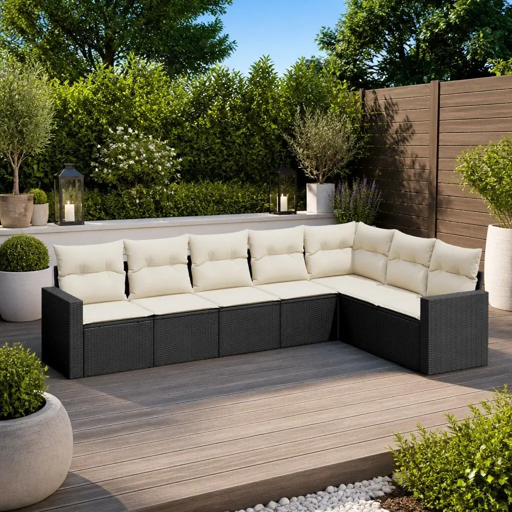Garden Sofa Set 7 Piece Outdoor Furniture Black Poly Rattan Patio Sectional