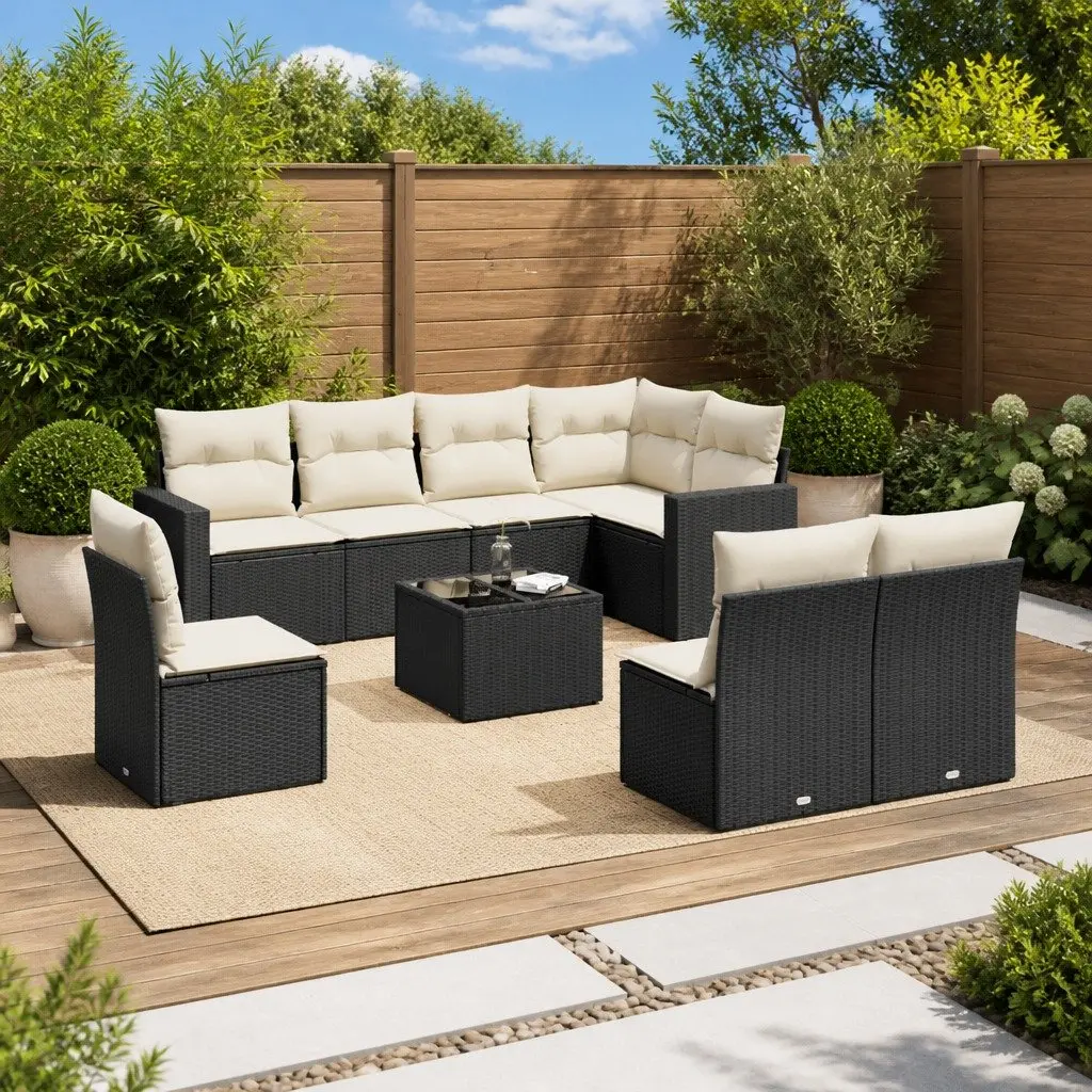 Garden Sofa Set Black Rattan 9 Piece Outdoor Furniture with Cushions