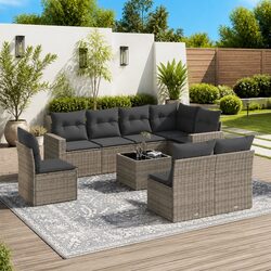 Garden Sofa Set 9 Piece Outdoor Furniture Patio Lounge Grey Poly Rattan with