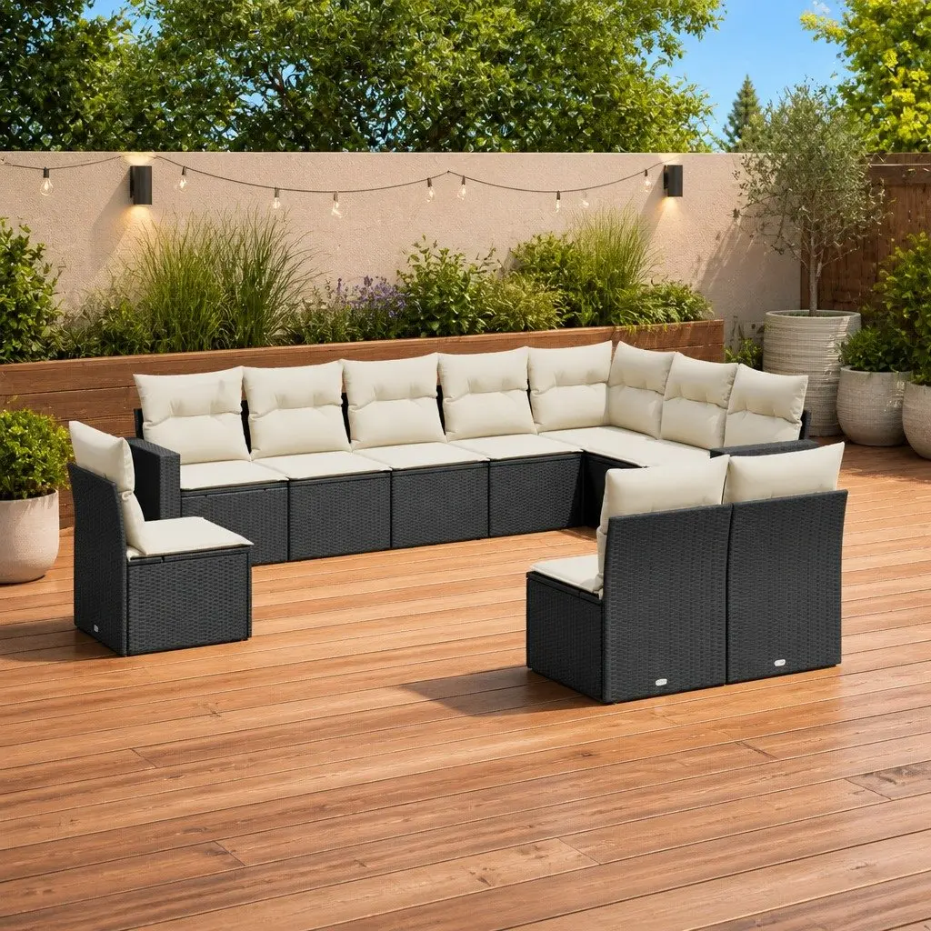 10 Piece Modular Outdoor Garden Sofa Set with Cushions Black PE Rattan Patio Furniture