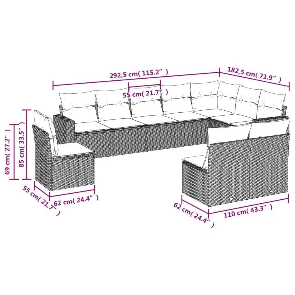 Garden Sofa Set 10 Piece Outdoor Furniture Patio Lounge with Cushions Grey