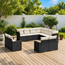 11 Piece Garden Sofa Set Black Poly Rattan Outdoor Furniture with Cushions Patio