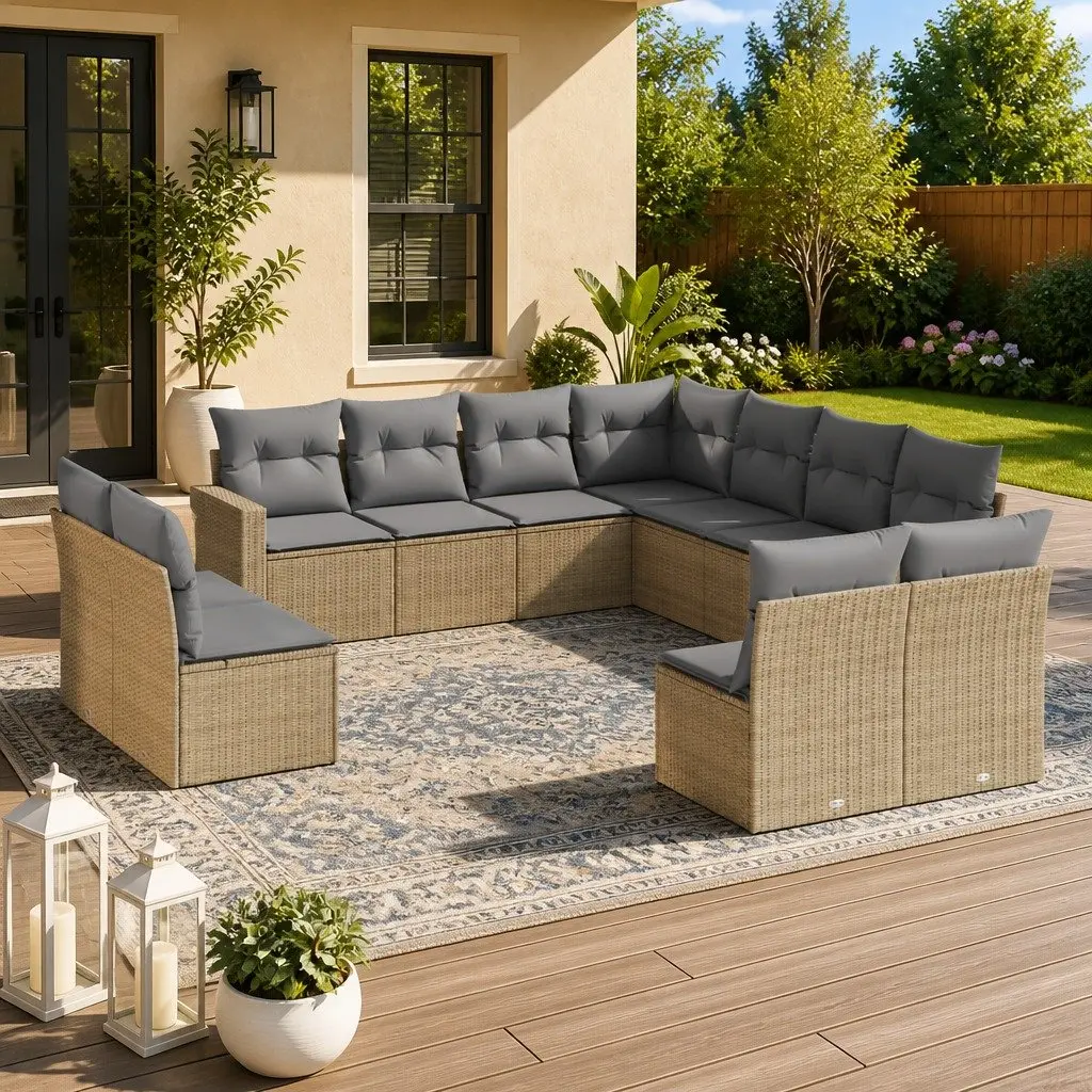 Garden Sofa Set 11 Piece Outdoor Furniture Patio Beige Poly Rattan Modular