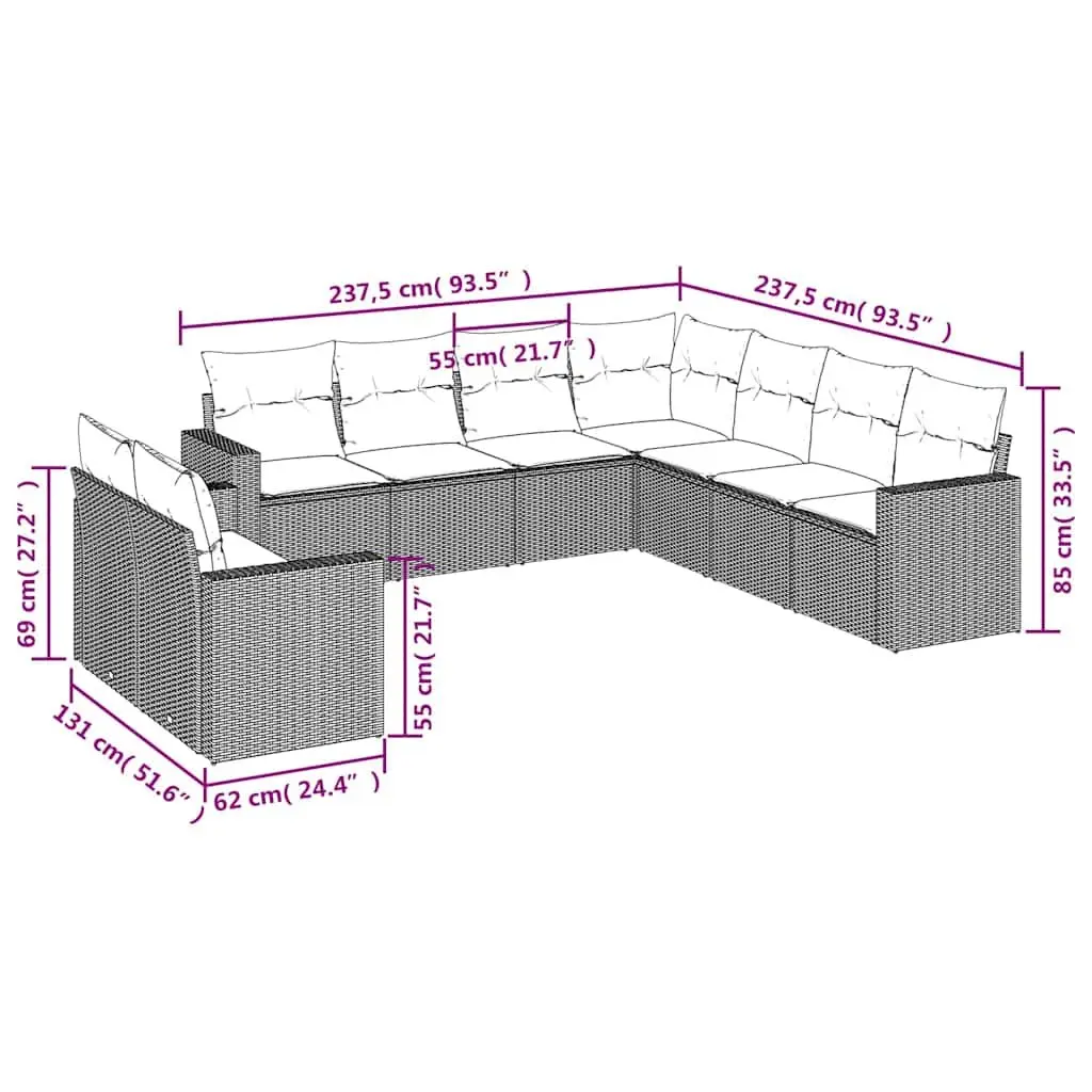 9 Piece Modular Garden Sofa Set Outdoor Furniture Black PE Rattan