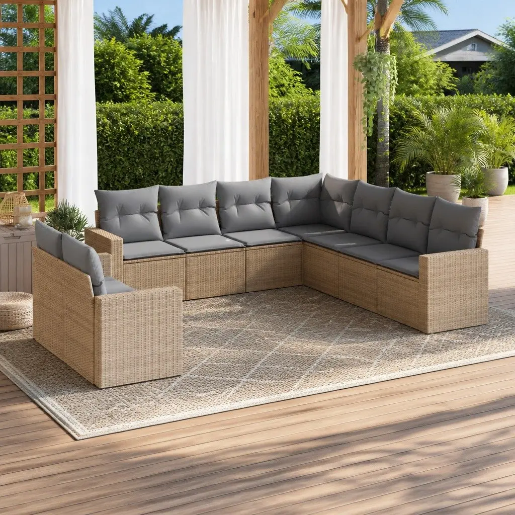Modular Outdoor Sofa Set 9 Piece Beige Poly Rattan with Cushions for Patio Garden