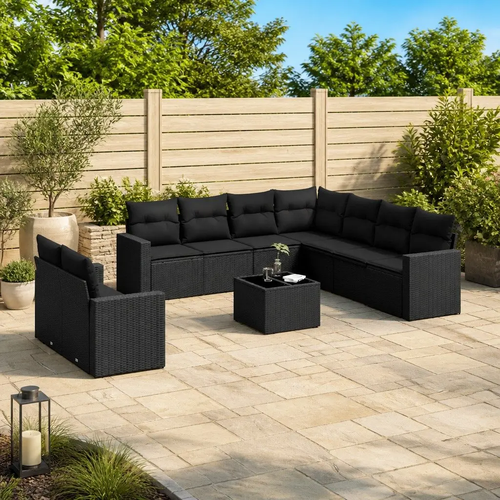 10 Piece Outdoor Garden Sofa Set Black Poly Rattan Patio Furniture with Cushions