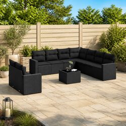 10 Piece Outdoor Garden Sofa Set Black Poly Rattan Patio Furniture with Cushions