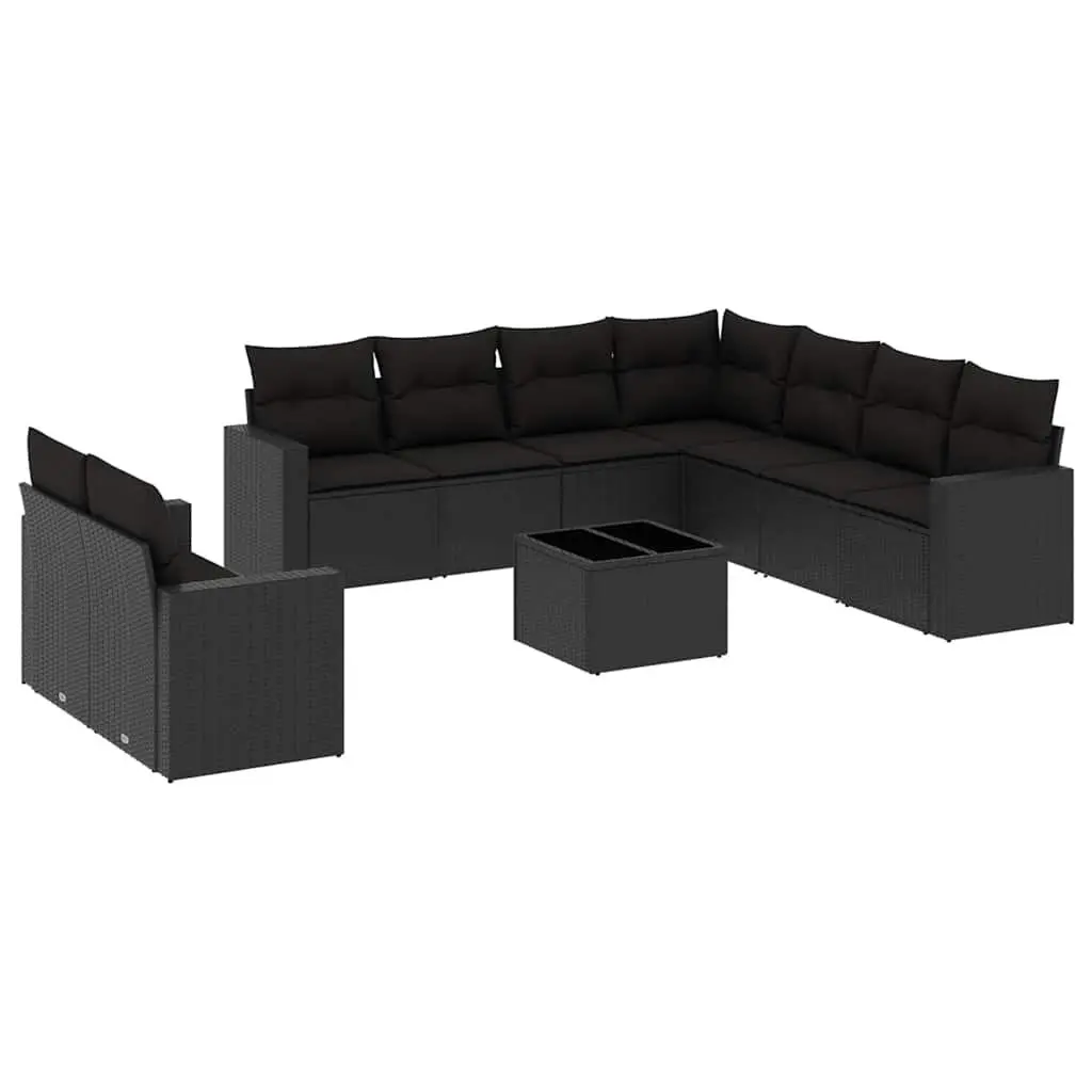 10 Piece Outdoor Garden Sofa Set Black Poly Rattan Patio Furniture with Cushions