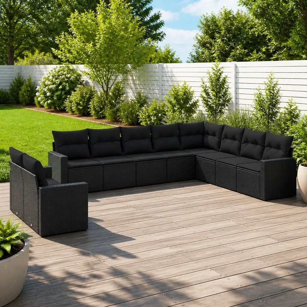 Modular Black Rattan Garden Sofa Set 10 Piece Outdoor Furniture with Cushions