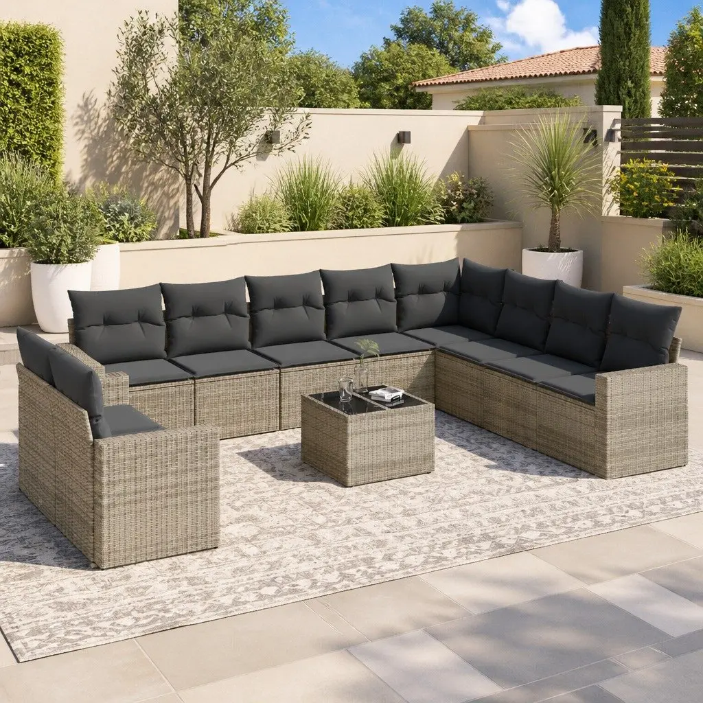 Garden Sofa Set 11 Piece Outdoor Furniture Grey Poly Rattan with Cushions Patio