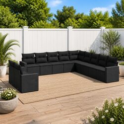 Garden Sofa Set 11 Piece Black Poly Rattan Outdoor Furniture Modular Cushions