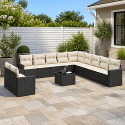 Friendly 12-Piece Black Poly Rattan Sofa Set for Outdoors
