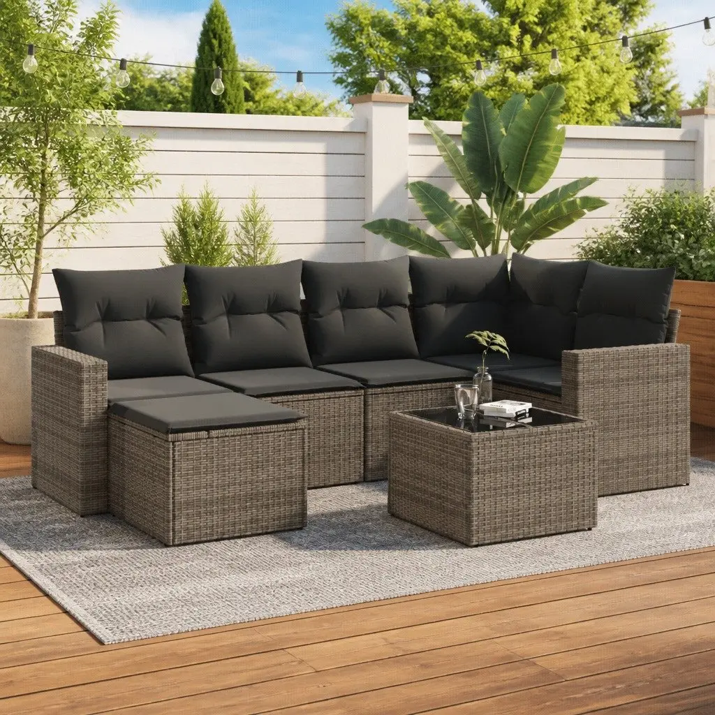 Garden Sofa Set 7 Piece Outdoor Furniture Grey Poly Rattan with Cushions Table
