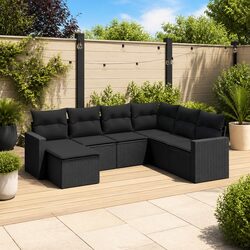7 Piece Outdoor Garden Sofa Set with Cushions Black Poly Rattan Patio Furniture