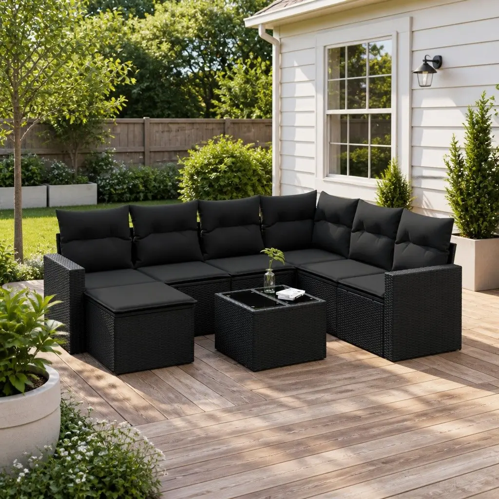 8 Piece Outdoor Garden Sofa Set Black Poly Rattan with Cushions