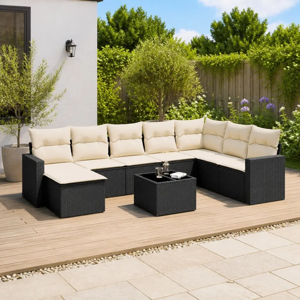 9 Piece Outdoor Sofa Set Black PE Rattan with Cushions and Glass Table for Patio Garden Furniture
