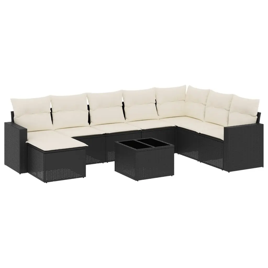 9 Piece Outdoor Sofa Set Black PE Rattan with Cushions and Glass Table for Patio Garden Furniture