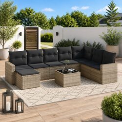 9 Piece Garden Sofa Set Grey Outdoor Furniture Patio Lounge Cushions Glass Table