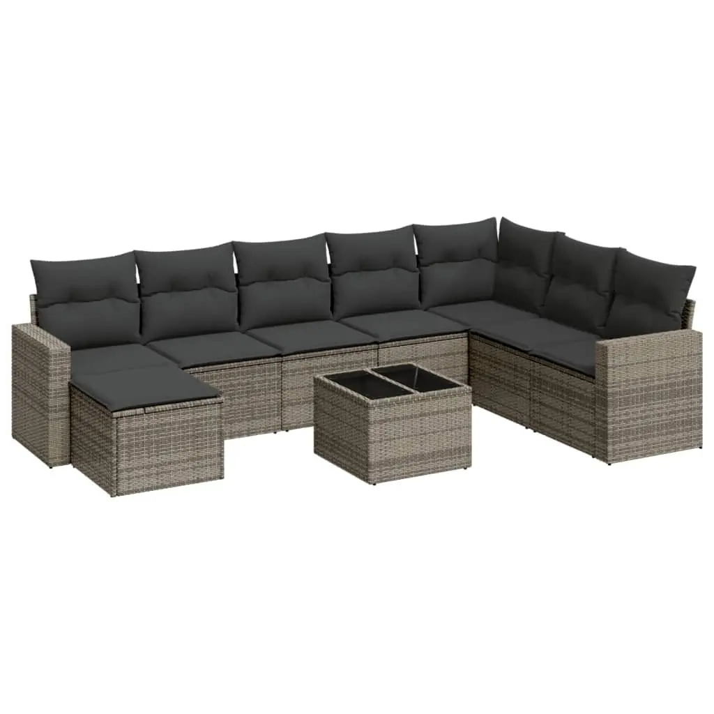 9 Piece Garden Sofa Set Grey Outdoor Furniture Patio Lounge Cushions Glass Table