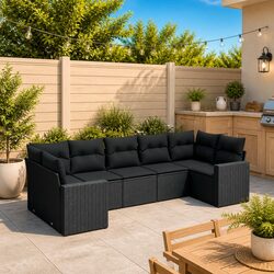 Garden Sofa Set 7 Piece Outdoor Furniture Black Poly Rattan with Cushions