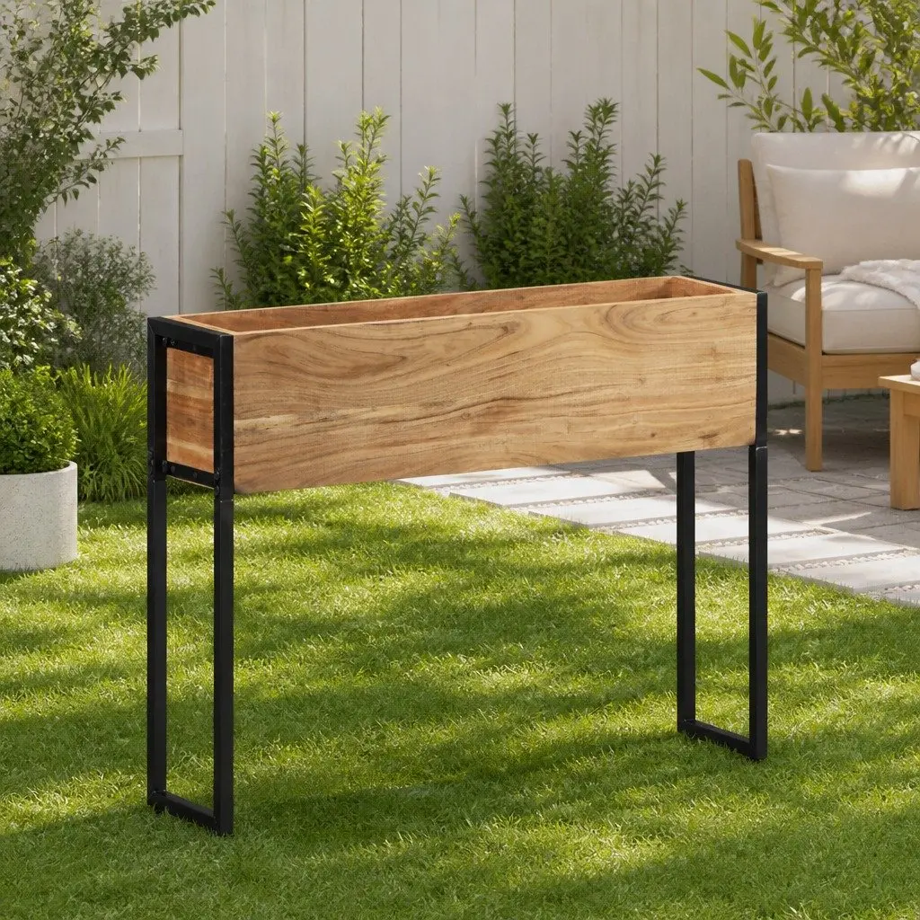 Wooden Planter Box Raised Bed 90x20x68cm Acacia Wood with Iron Frame