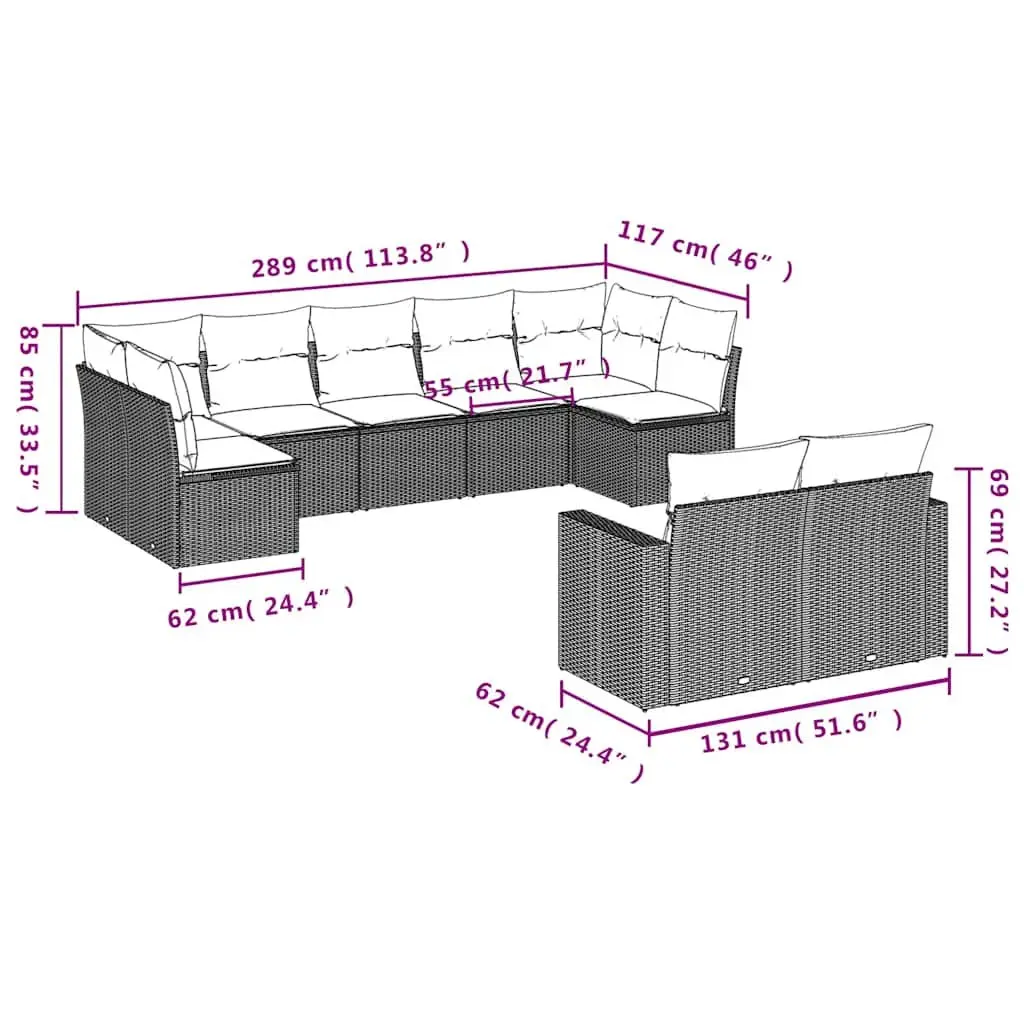 9 Piece Modular Outdoor Garden Sofa Set with Cushions Black