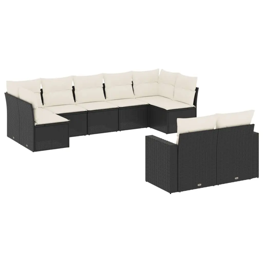 9 Piece Outdoor Garden Sofa Set with Cushions Black Poly Rattan Patio Furniture