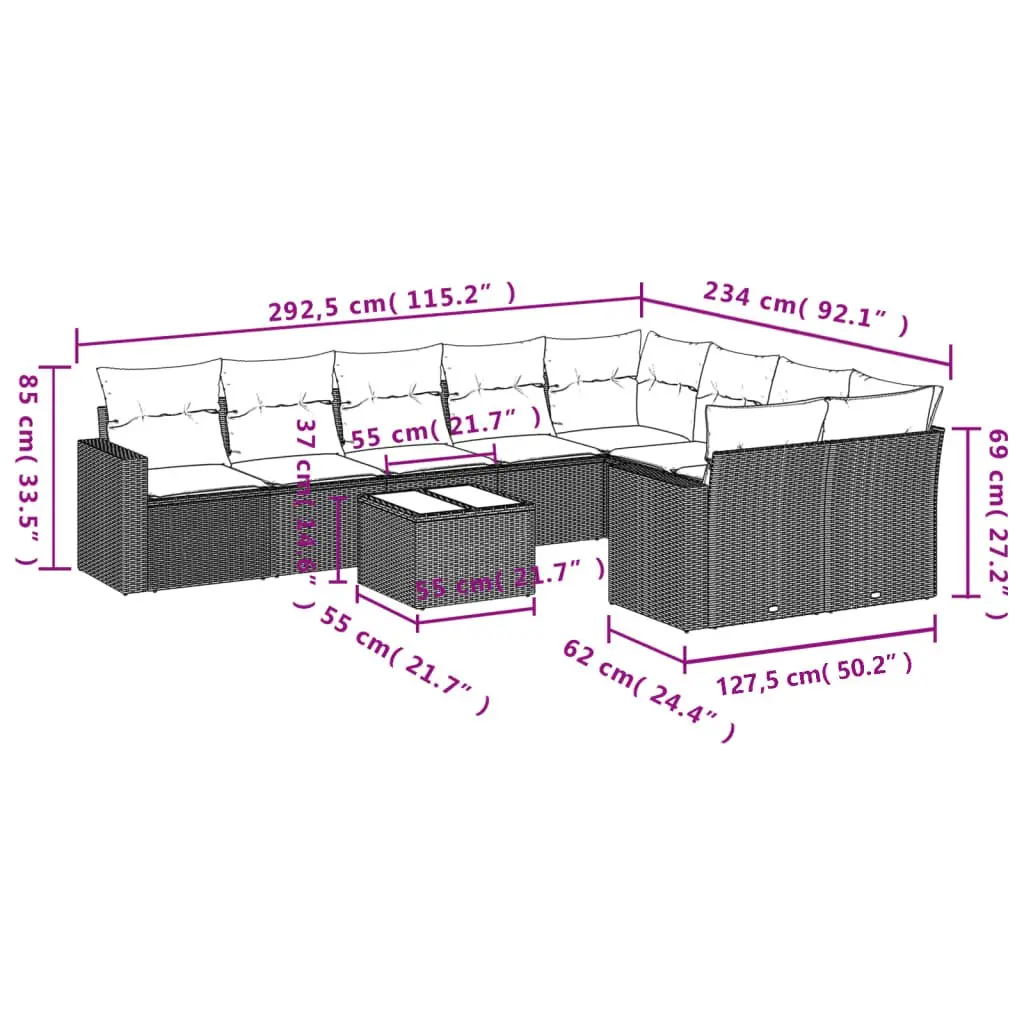 10 Piece Outdoor Garden Sofa Set Black Poly Rattan Patio Furniture with Cushions