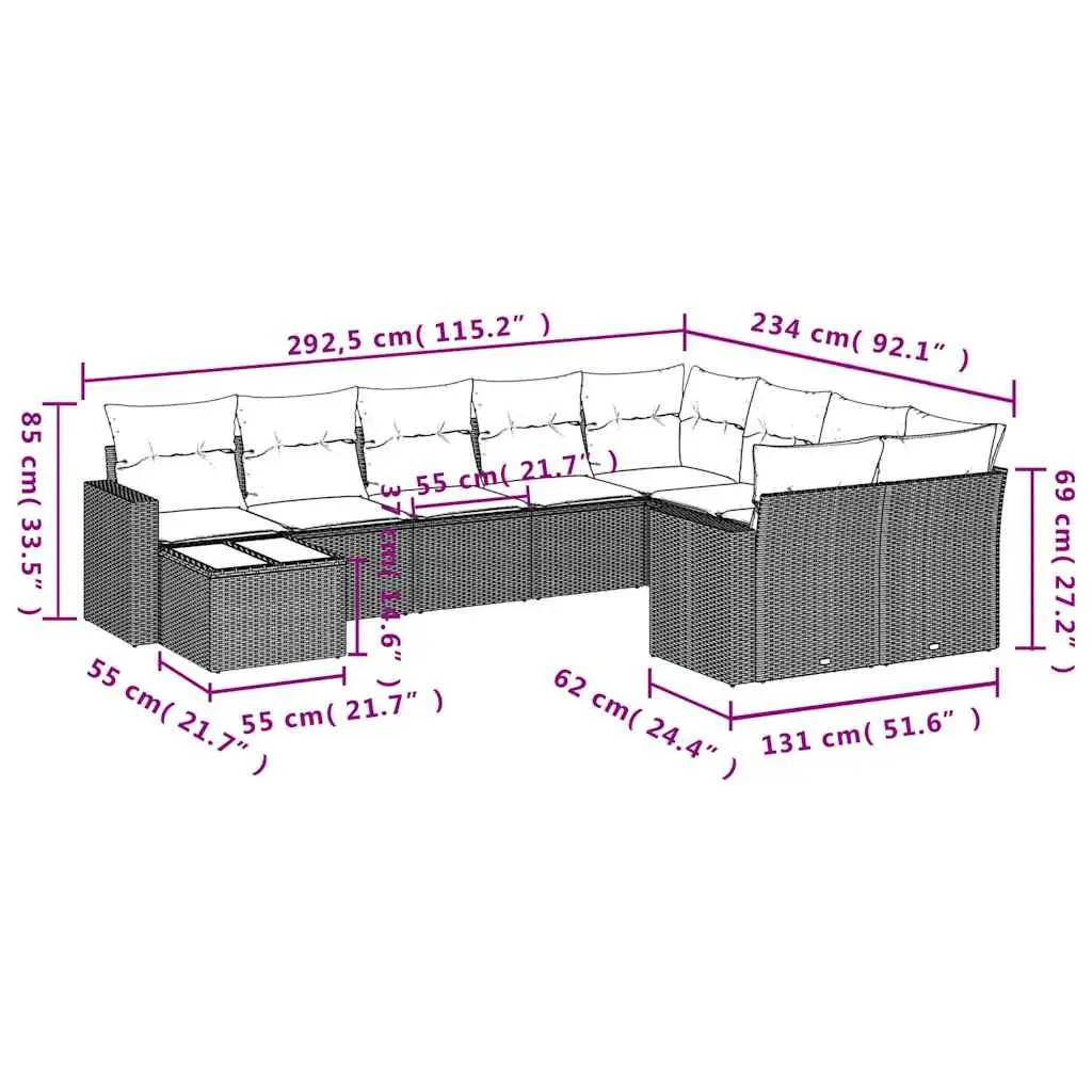 10 Piece Black Poly Rattan Garden Sofa Set Outdoor Patio Furniture with Cushions