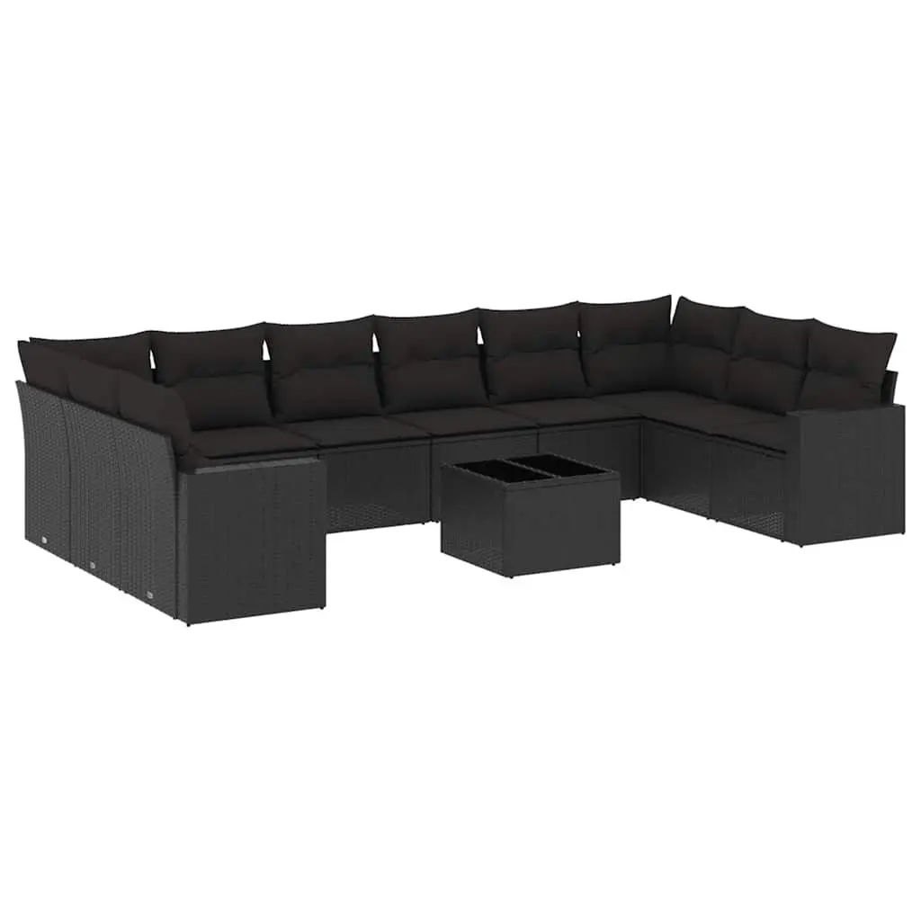 Outdoor Furniture 11 Piece Modular Garden Sofa Set with Cushions Black Poly Rattan