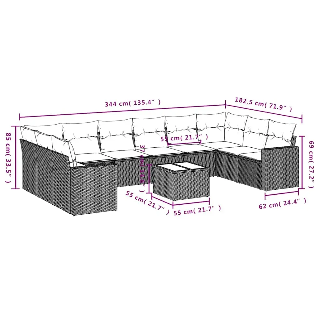 Outdoor Furniture 11 Piece Modular Garden Sofa Set with Cushions Black Poly Rattan