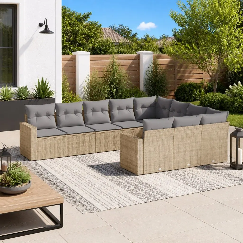 Outdoor Furniture Set Modular Beige Poly Rattan 10 Piece Garden Sofa with Cushions