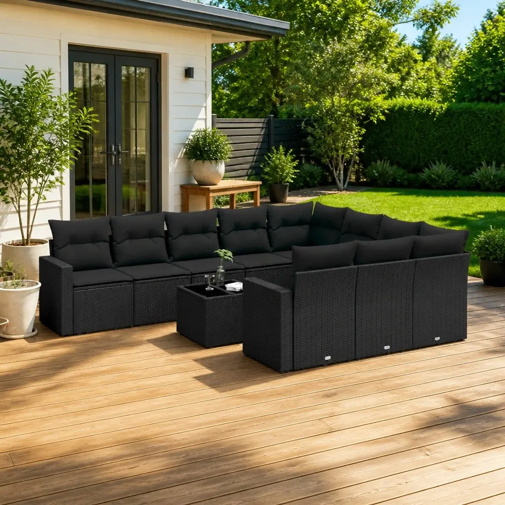 11 Piece Outdoor Garden Sofa Set with Cushions Black Poly Rattan Patio Furniture