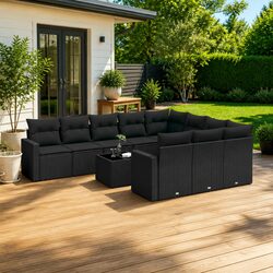 11 Piece Outdoor Garden Sofa Set with Cushions Black Poly Rattan Patio Furniture