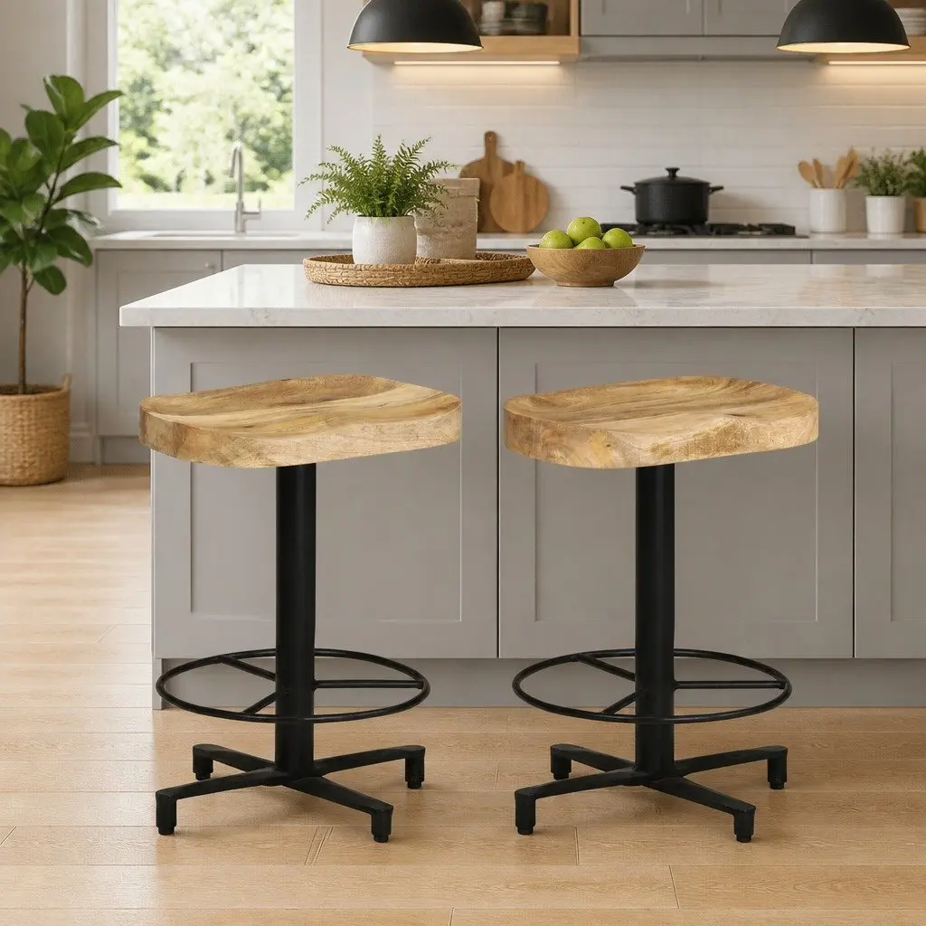 Bar Stools Solid Mango Wood Brown 52 cm Kitchen Counter Seating Footrest 2 Piece