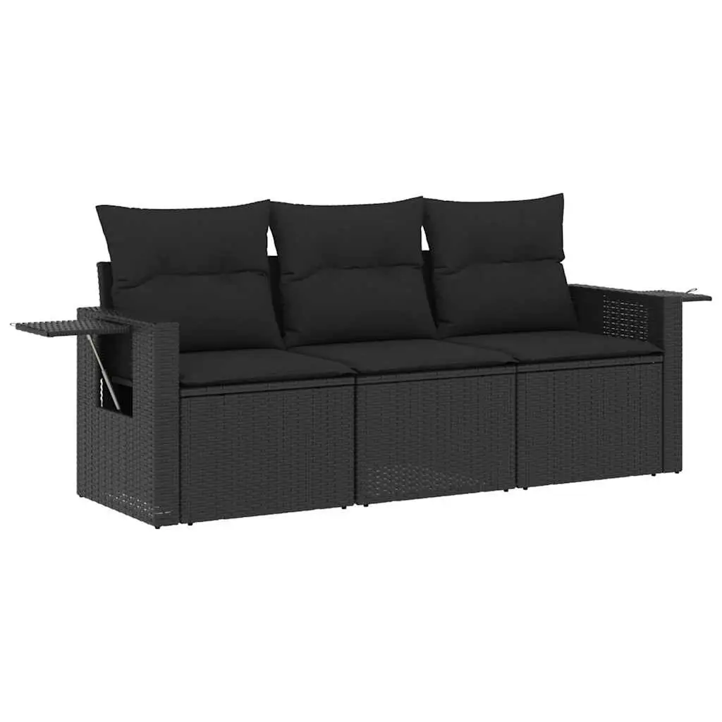 Outdoor Garden Sofa Set 3 Piece Black Poly Rattan Patio Furniture with Cushions