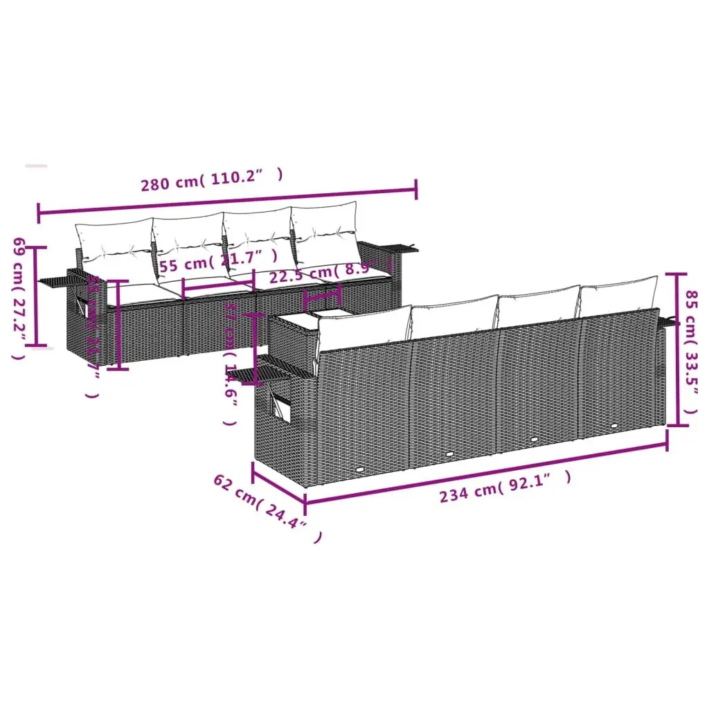 Outdoor Furniture Set 9 Piece Modular Garden Sofa Black Rattan with Cushions